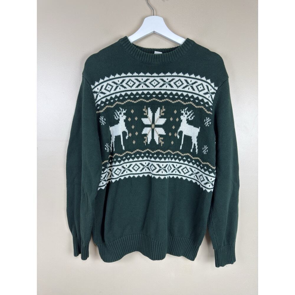 VNTG 90s Dockers Mens Sweater Pullover L Cotton Knit Reindeer Snowflake Holiday